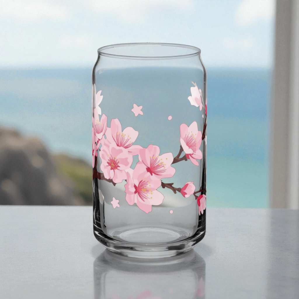 Cherry Blossom Glass Can Cup – 16 oz Aesthetic Drinking Glass with Bamboo Lid & Straw | Elegant Drinkware by District Curated