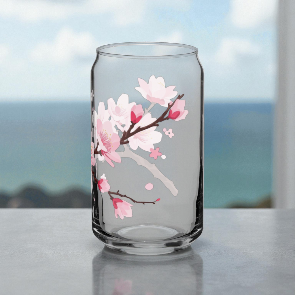 Cherry Blossom Glass Can Cup – 16 oz Aesthetic Drinking Glass with Bamboo Lid & Straw | Elegant Drinkware by District Curated