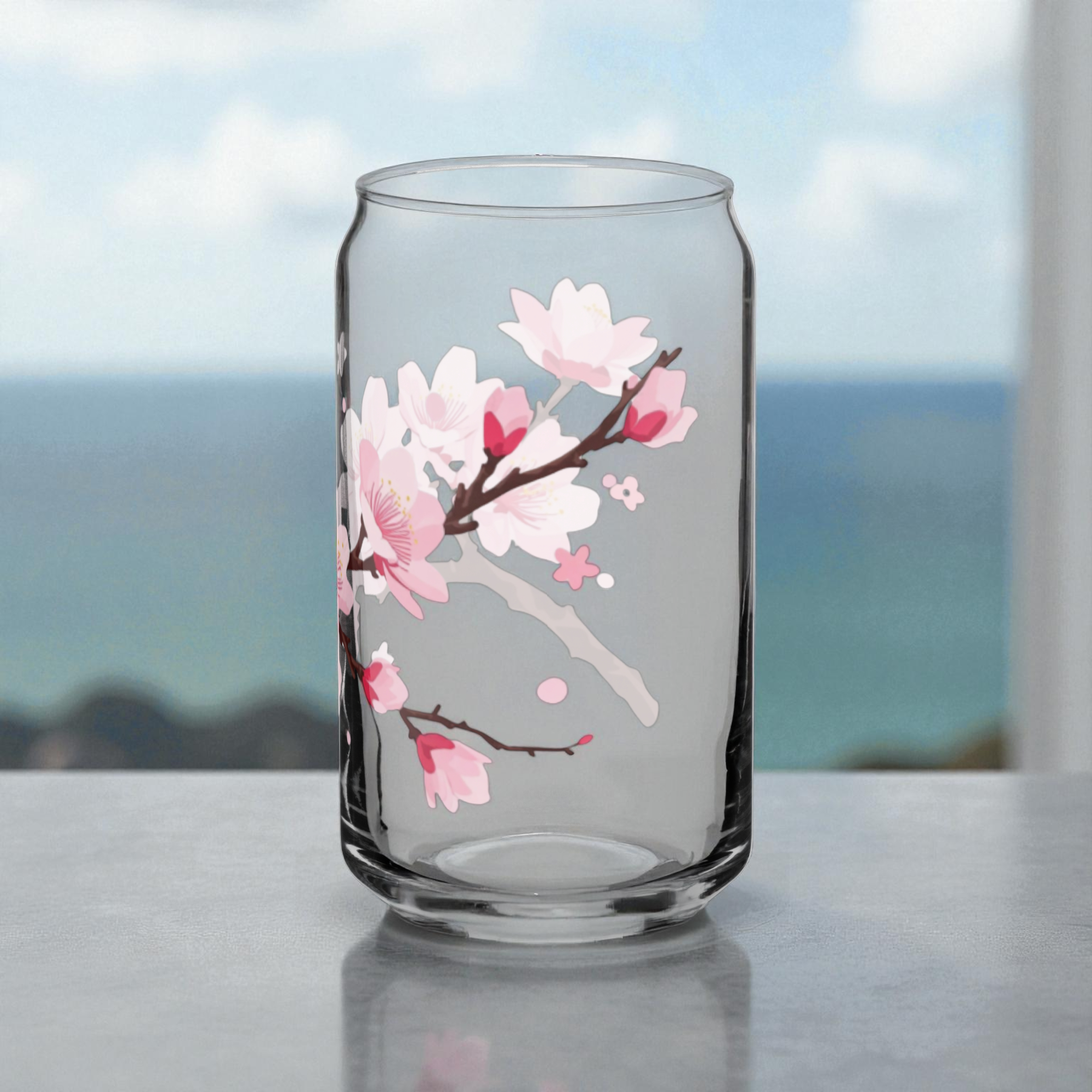 Cherry Blossom Glass Can Cup – 16 oz Aesthetic Drinking Glass with Bamboo Lid & Straw | Elegant Drinkware by District Curated