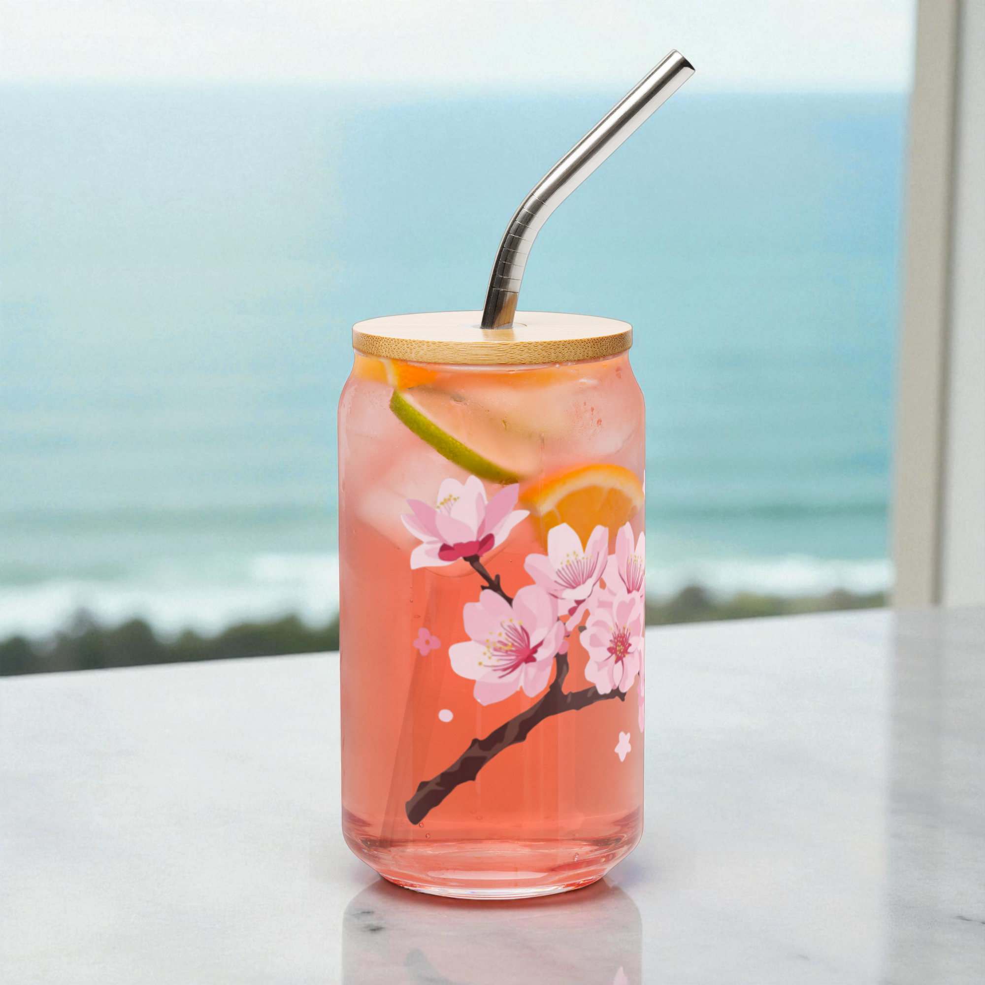 Cherry Blossom Glass Can Cup – 16 oz Aesthetic Drinking Glass with Bamboo Lid & Straw | Elegant Drinkware by District Curated